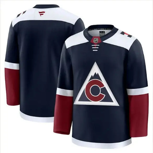 Colorado Avalanche away premium navy hockey jersey displayed for fans and collectors