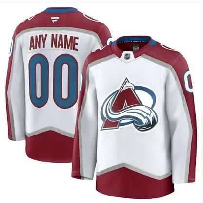 Colorado Avalanche home premium custom white hockey jersey displayed on a product page