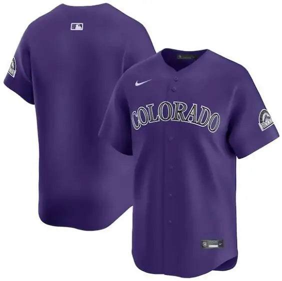 Purple Colorado Rockies Nike Alternate Limited Jersey displayed on a product page