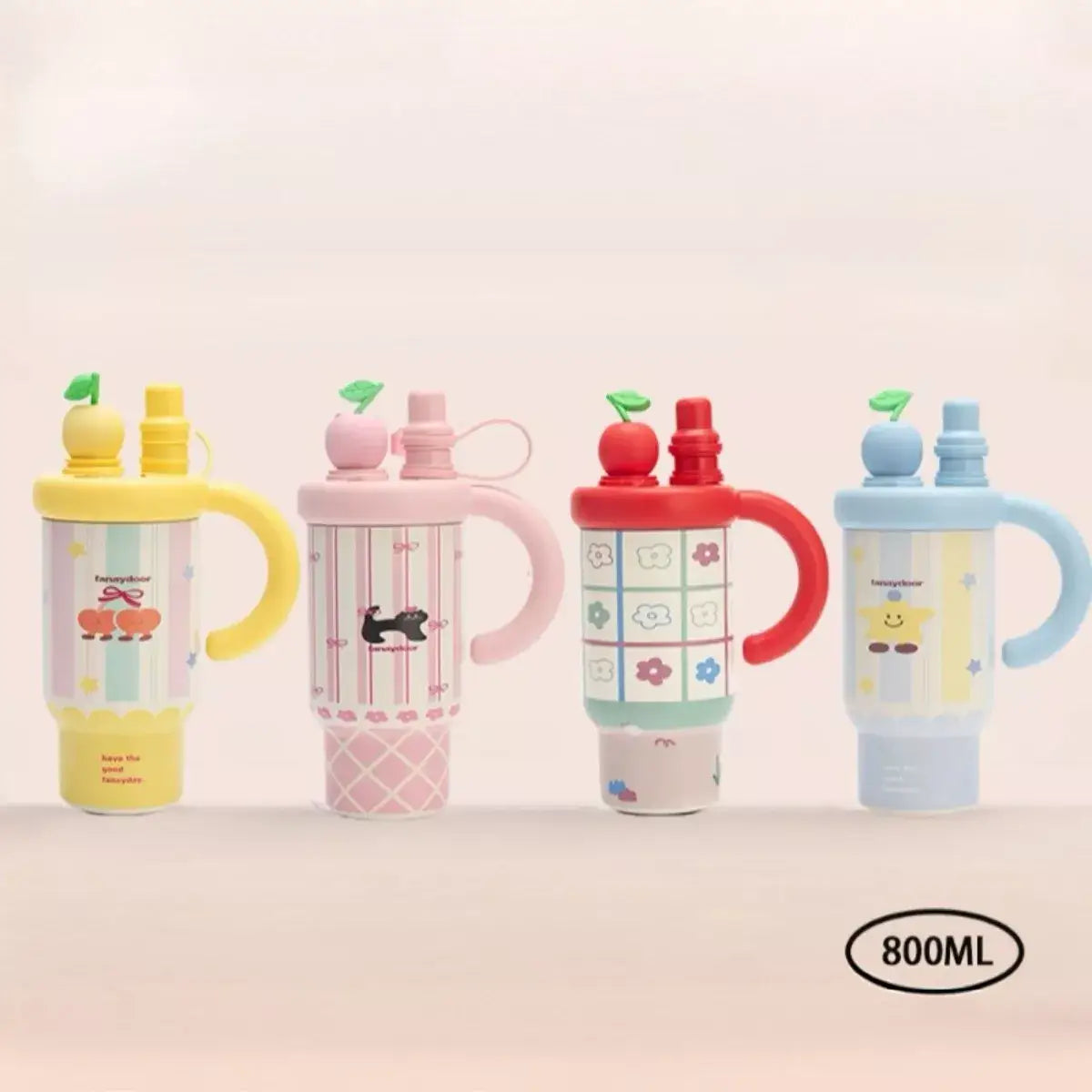 Colorful Cartoon Water Bottles with Straw and Handle