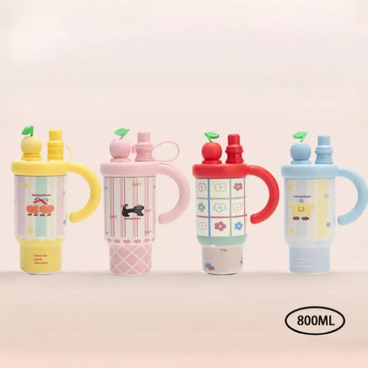 Colorful Cartoon Water Bottles with Straw and Handle