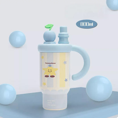 Colorful Cartoon Water Bottles with Straw and Handle - Pastel Blue / One Size