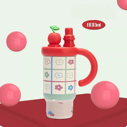 Colorful Cartoon Water Bottles with Straw and Handle - Red / One Size