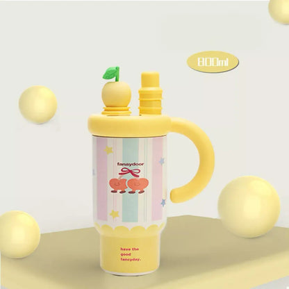 Colorful Cartoon Water Bottles with Straw and Handle - Yellow / One Size