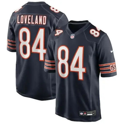 Navy blue Colston Loveland Chicago Bears NFL Draft jersey with number 84 on back
