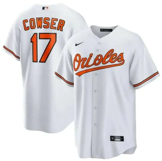 White Baltimore Orioles baseball jersey worn by Colton Cowser Nike Home Replica Jersey