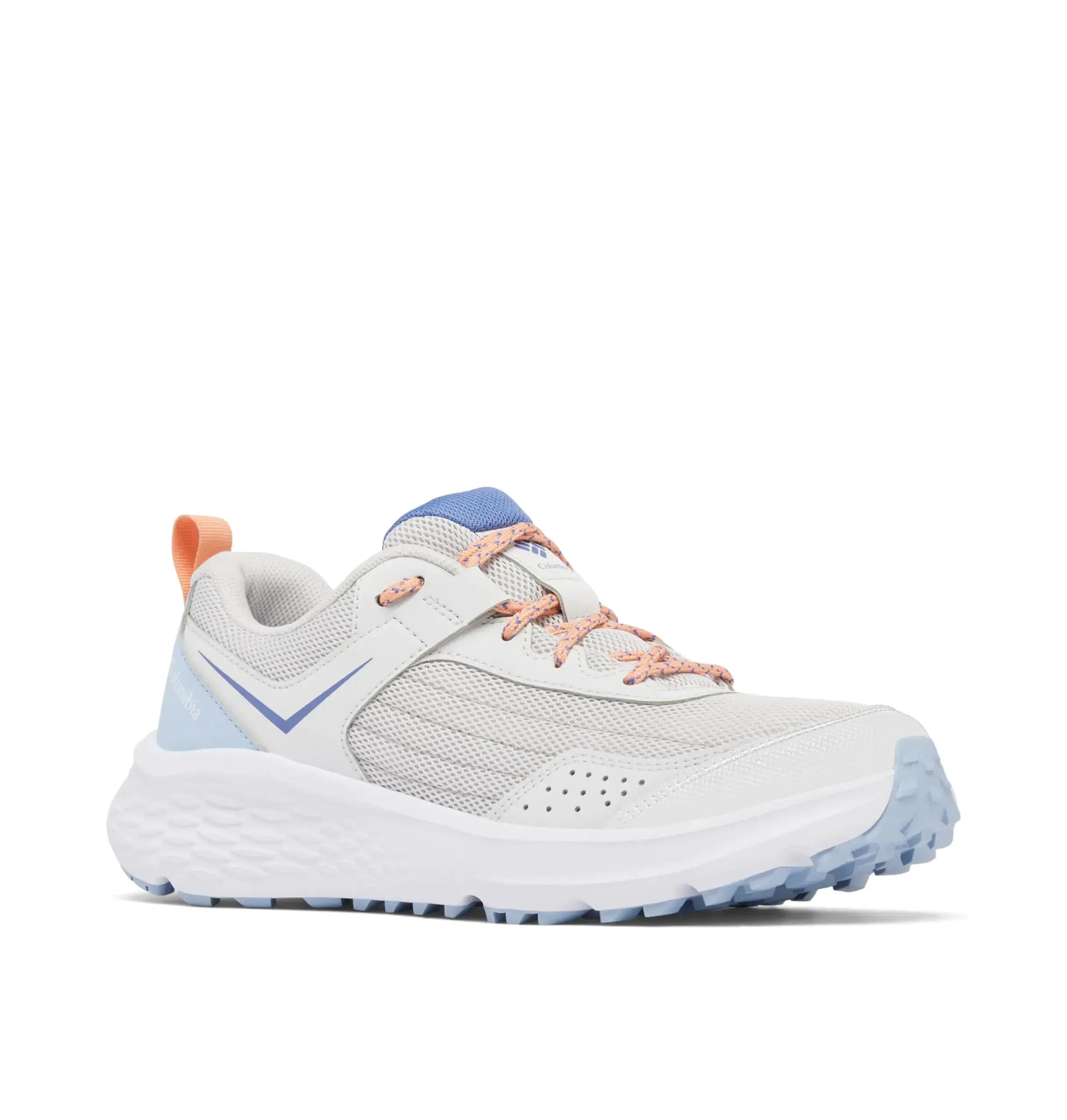White and blue Columbia Womens Vertisol trail shoes with peach laces in silver grey apricot fizz
