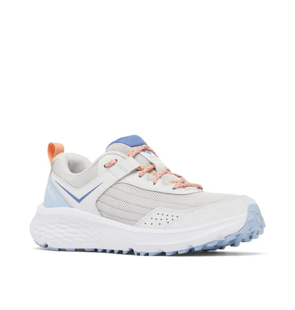 White women’s trail shoes with light blue and peach accents in Columbia Vertisol Silver Grey Apricot Fizz