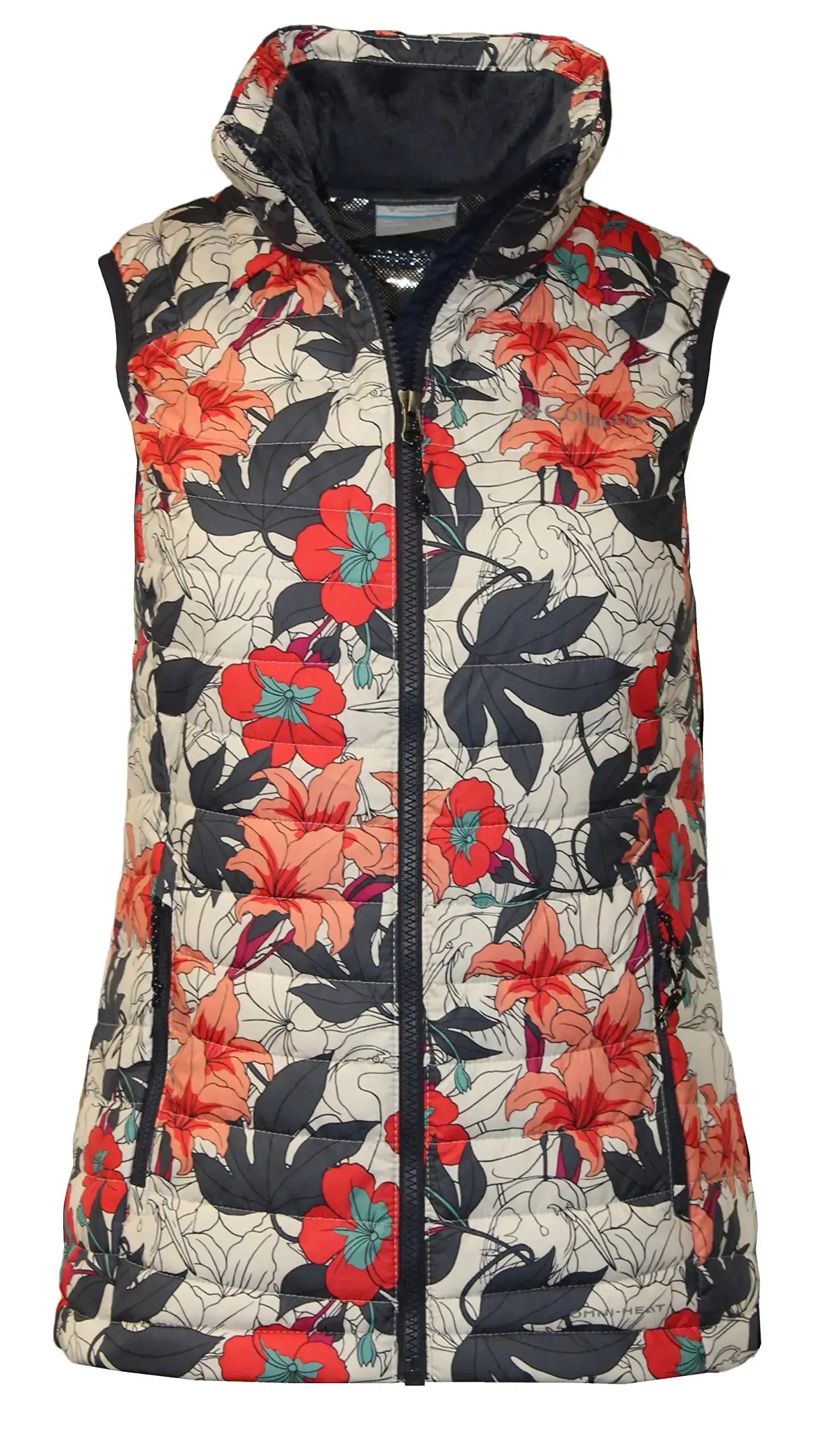 Floral-patterned puffer omni heat zip insulated vest for women in white lakeshore style