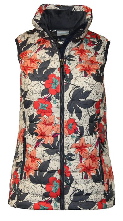 Floral-patterned puffer omni heat zip insulated vest for women in white lakeshore style