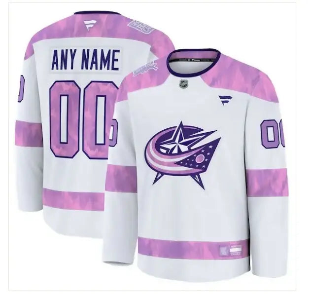 White and pink Columbus Blue Jackets 2024 Hockey Fights Cancer practice jersey