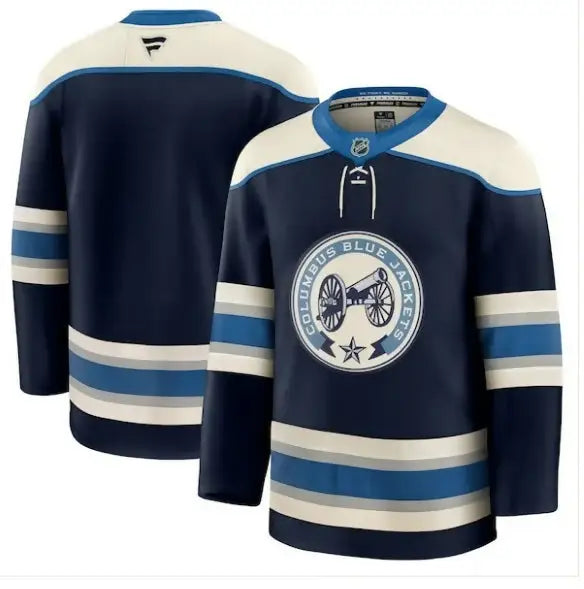 Columbus Blue Jackets 2024 Hockey Fights Cancer white practice jersey displayed