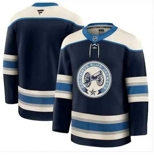 Columbus Blue Jackets 2024 Hockey Fights Cancer white practice jersey displayed