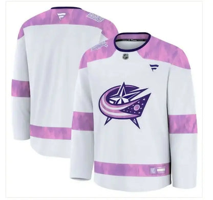 White Columbus Blue Jackets 2024 Hockey Fights Cancer Practice Jersey with purple accents