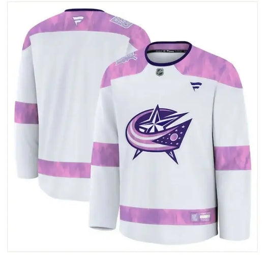 White Columbus Blue Jackets 2024 Hockey Fights Cancer Practice Jersey with purple accents