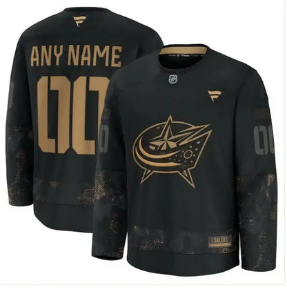 Black and gold Columbus Blue Jackets military appreciation long sleeve practice jersey