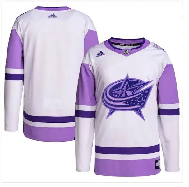White and purple Columbus Blue Jackets adidas Hockey Fights Cancer Practice Jersey