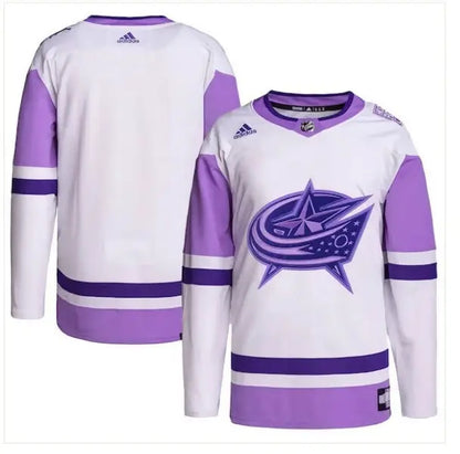 White and purple Columbus Blue Jackets adidas Hockey Fights Cancer Practice Jersey