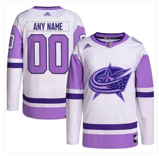 White and lavender Columbus Blue Jackets adidas Hockey Fights Cancer jersey