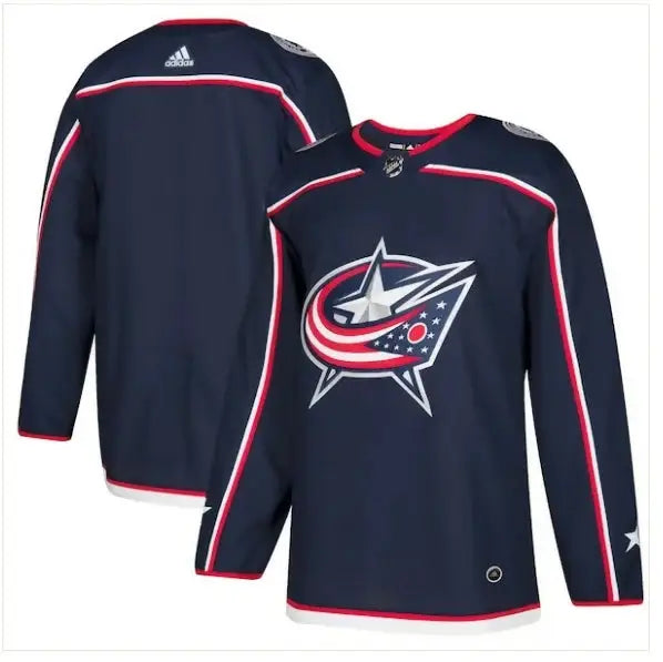 Columbus Blue Jackets navy adidas home authentic hockey jersey displayed in product image