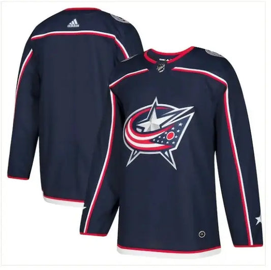 Columbus Blue Jackets navy adidas home authentic hockey jersey displayed in product image
