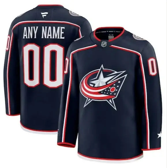 Columbus Blue Jackets navy home premium custom hockey jersey displayed for sale