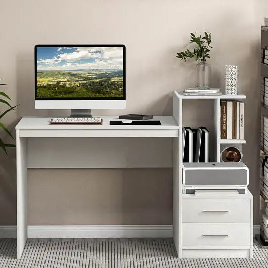 Computer Desk Home Office with Bookshelf and Drawers-White - Color:White - Computer Desks