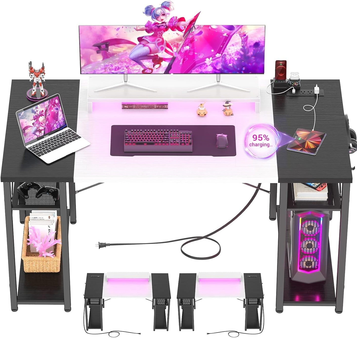 Computer Desk with LED Lights, 55 Inch Desk with Power Outlet and USB, Reversible Large Desk with Moveable Monitor Stand, 55.2'' Gaming PC Table for Home Office, Workstation, White and Black-0