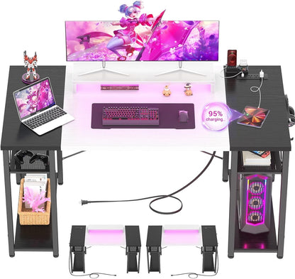 Computer Desk with LED Lights, 55 Inch Desk with Power Outlet and USB, Reversible Large Desk with Moveable Monitor Stand, 55.2'' Gaming PC Table for Home Office, Workstation, White and Black-0