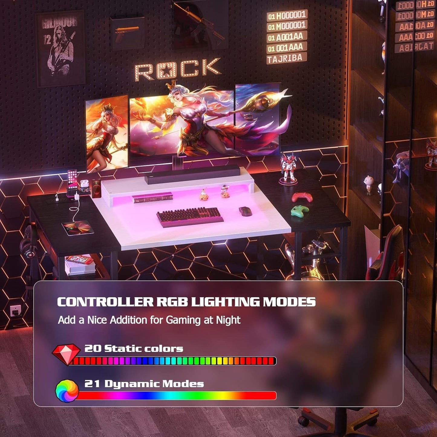 Computer Desk with LED Lights, 55 Inch Desk with Power Outlet and USB, Reversible Large Desk with Moveable Monitor Stand, 55.2'' Gaming PC Table for Home Office, Workstation, White and Black-4