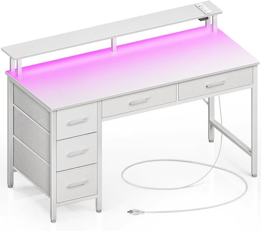 Computer Desk with Power Outlets and LED Light-0