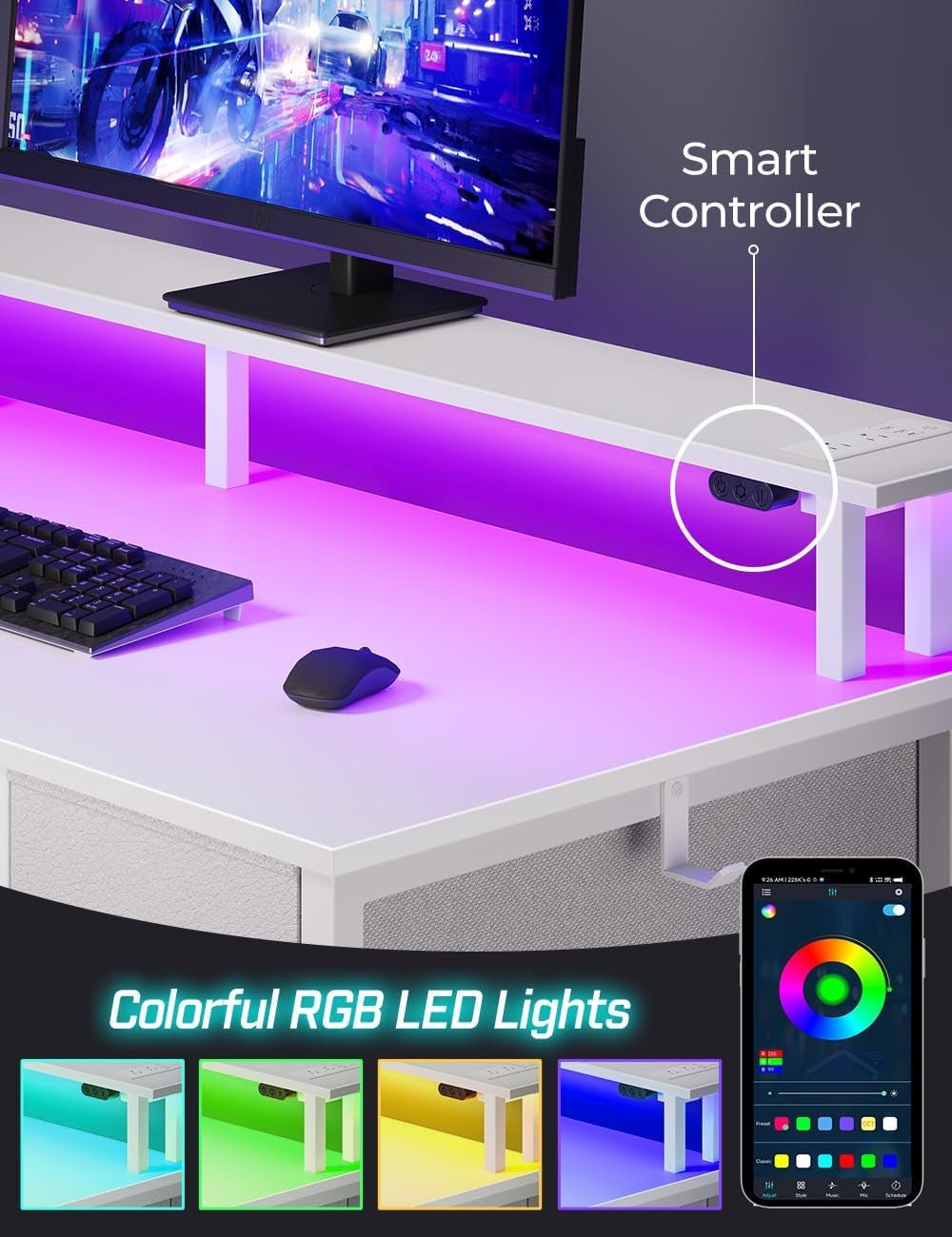 Computer Desk with Power Outlets and LED Light-4