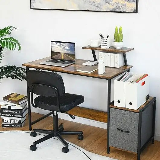 Computer Desk with Reversible Storage Drawer and Moveable Shelf-Brown - Color:Brown - Office Desks