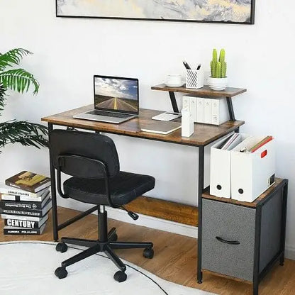 Computer Desk with Reversible Storage Drawer and Moveable Shelf-Brown - Color:Brown - Office Desks