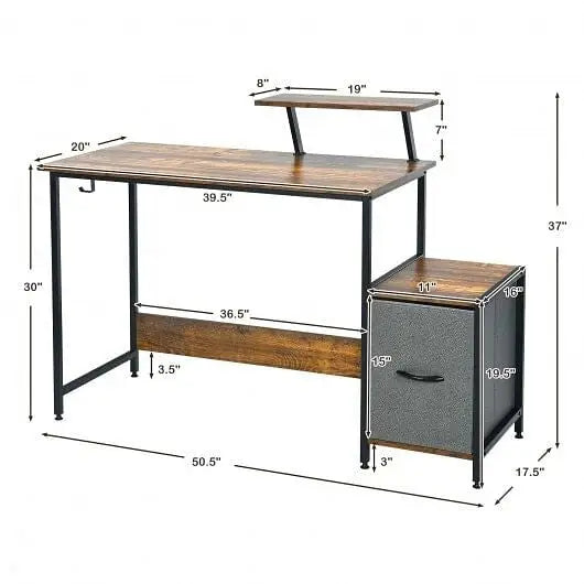 Computer Desk with Reversible Storage Drawer and Moveable Shelf-Brown - Color:Brown - Office Desks