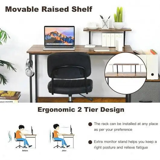 Computer Desk with Reversible Storage Drawer and Moveable Shelf-Brown - Color:Brown - Office Desks