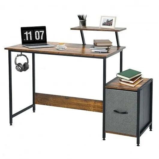 Computer Desk with Reversible Storage Drawer and Moveable Shelf-Brown - Color:Brown - Office Desks
