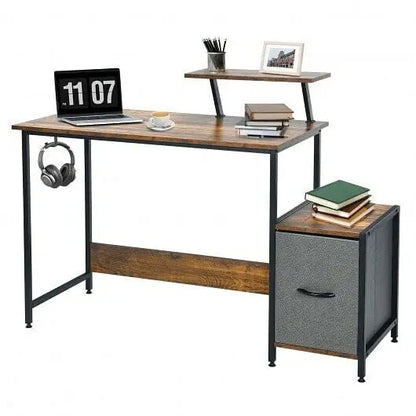 Computer Desk with Reversible Storage Drawer and Moveable Shelf-Brown - Color:Brown - Office Desks