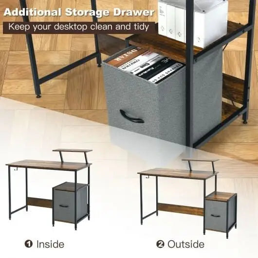 Computer Desk with Reversible Storage Drawer and Moveable Shelf-Brown - Color:Brown - Office Desks