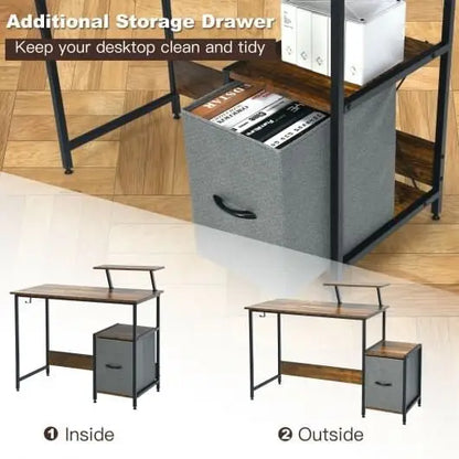 Computer Desk with Reversible Storage Drawer and Moveable Shelf-Brown - Color:Brown - Office Desks