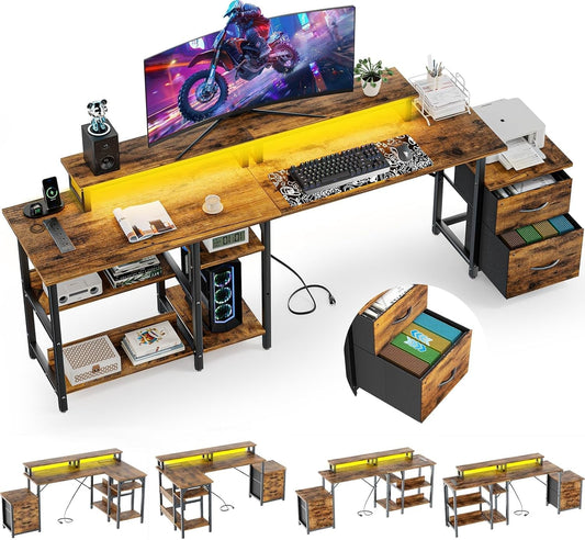 Computer Desk with Storage,Home Office Large Customizable Reversible L Shaped Gaming Desks with Power Outlets & LED Lights, Corner Gaming Table with Monitor Stand, 69.3" Long Desk,Vintage-0