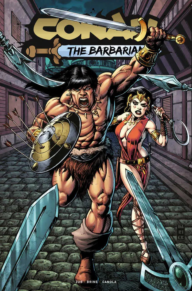 Conan the Barbarian #18 cover featuring Conan and a female ally in battle pose