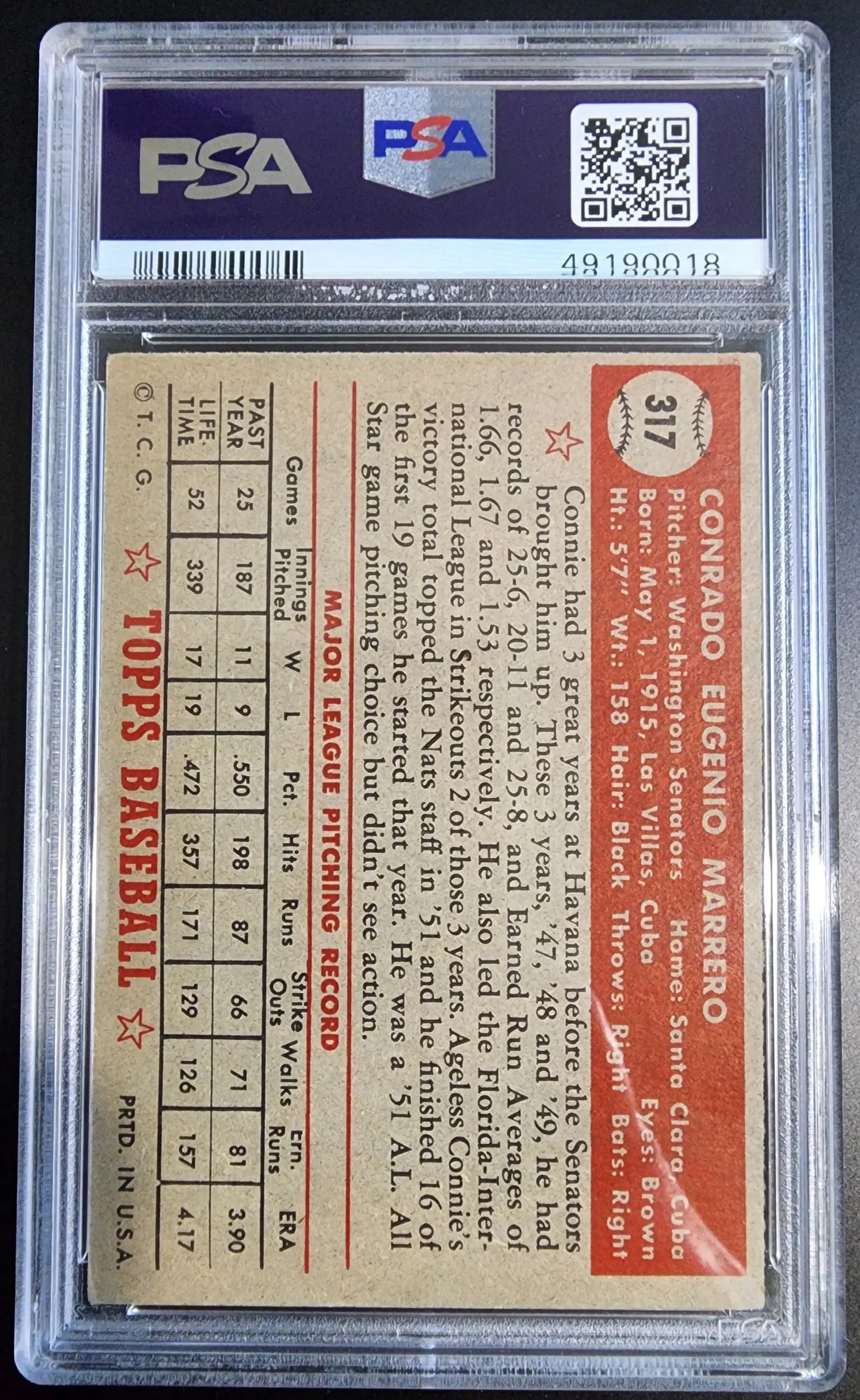 Connie Marrero 1952 Topps #317 Baseball Card in PSA 4 Holder with Statistics