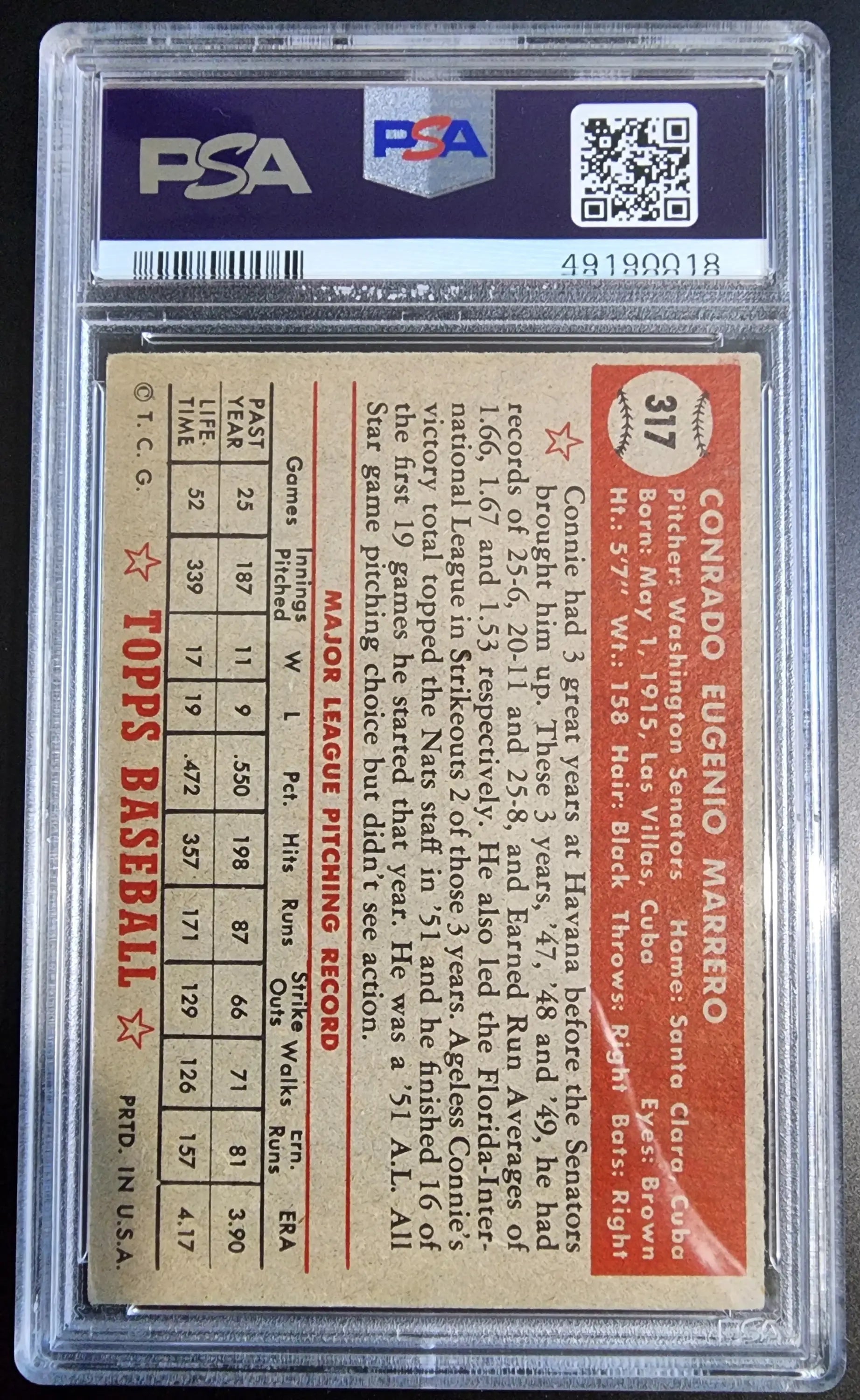 Connie Marrero 1952 Topps #317 Baseball Card in PSA 4 Holder with Statistics