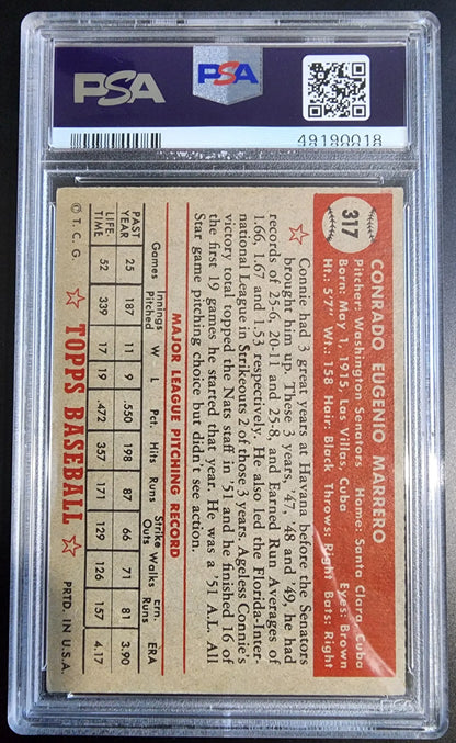 Connie Marrero 1952 Topps #317 Baseball Card in PSA 4 Holder with Statistics