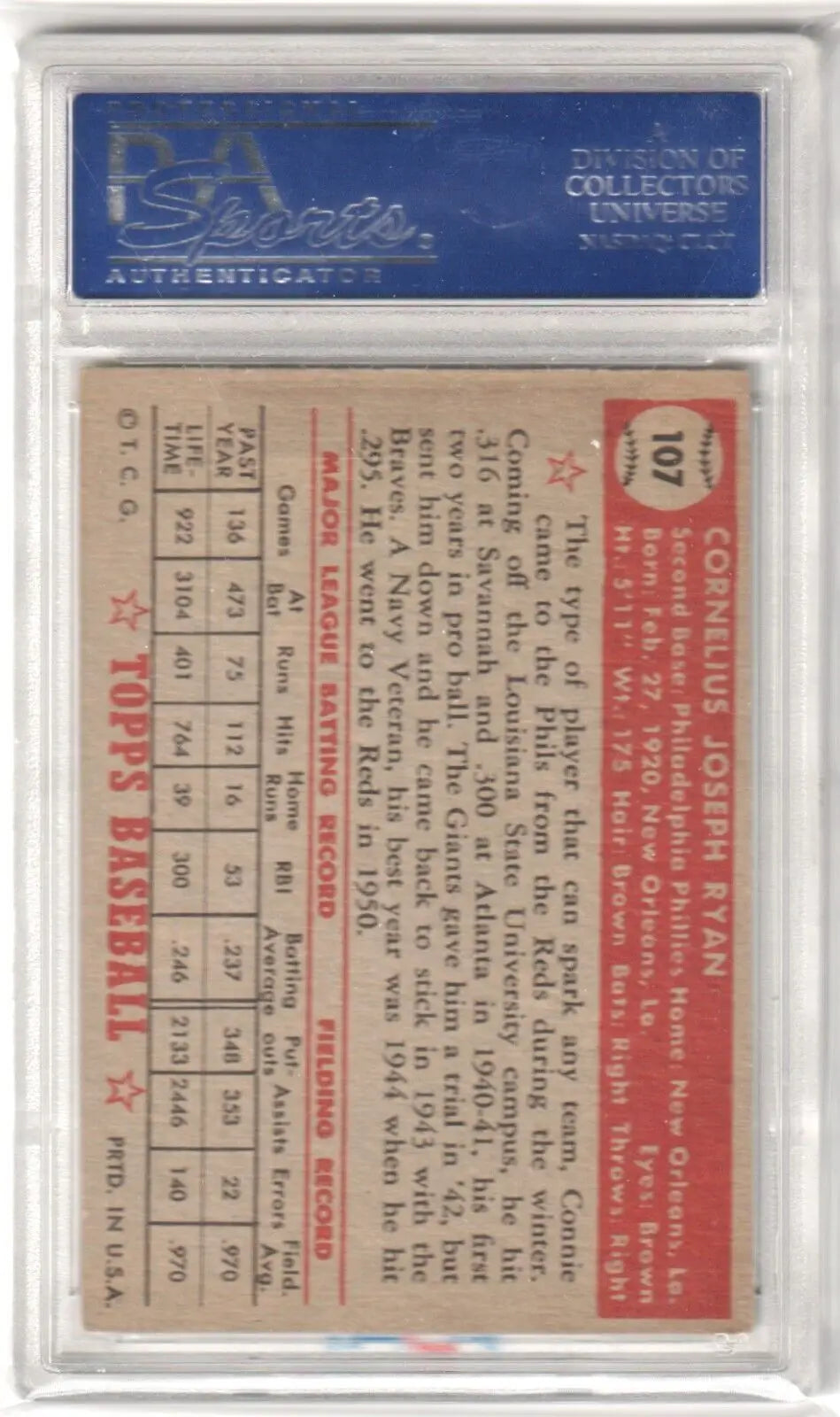 Graded vintage Connie Ryan 1952 Topps baseball card from Columbia Hobby eBay listing