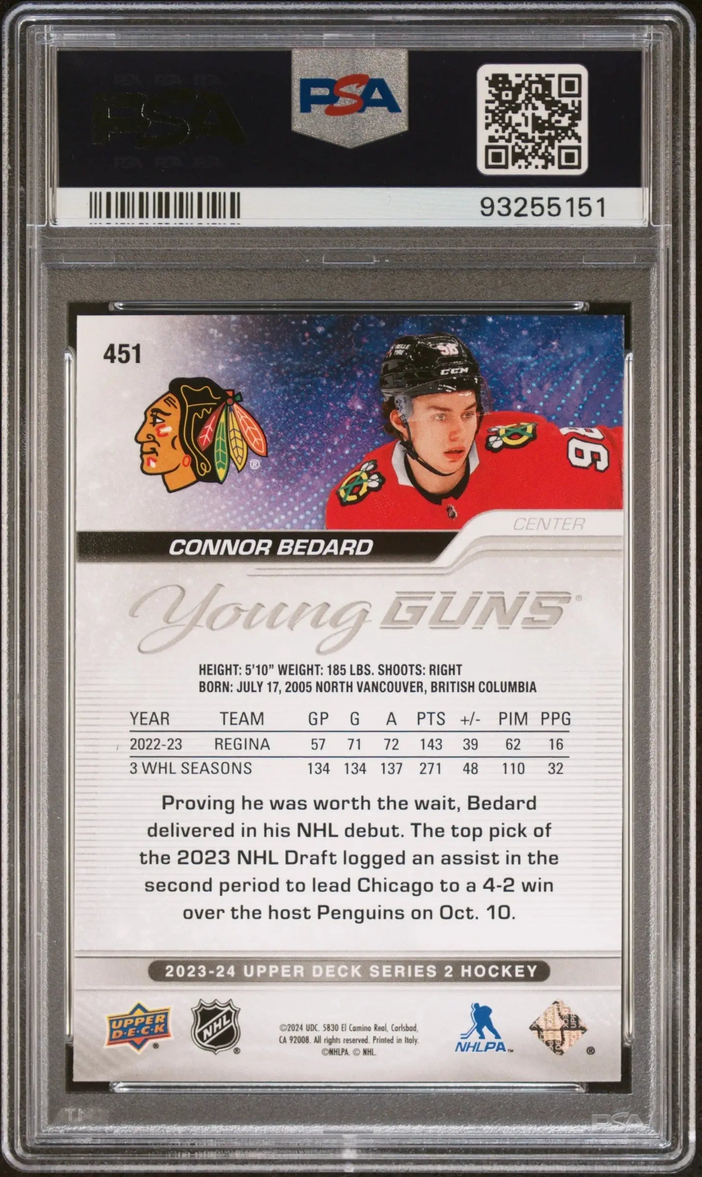 Graded Connor Bedard Upper Deck Young Guns rookie hockey trading card PSA 8 NM-MINT