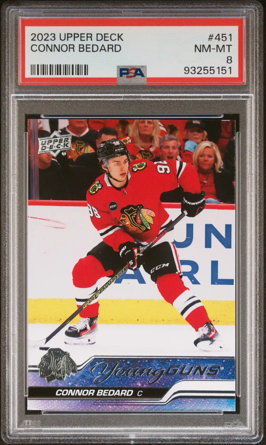 Connor Bedard 2023 Upper Deck Young Guns hockey trading card in PSA 8 NM-MINT condition