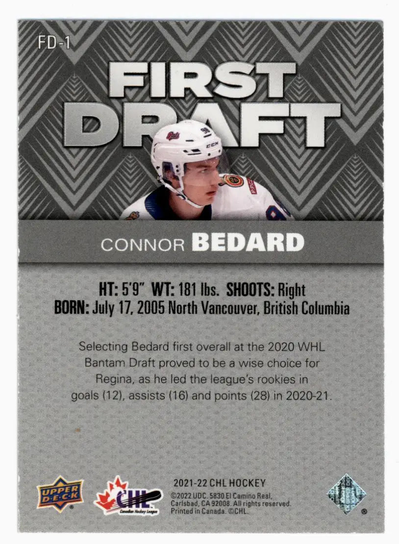 Connor Bedard 2021-22 Upper Deck CHL First Draft Red jersey card on geometric background