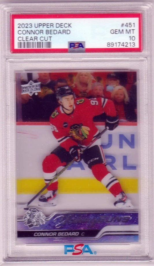Graded Connor Bedard hockey card from Upper Deck Clear Cut series, PSA 10 GEM MINT